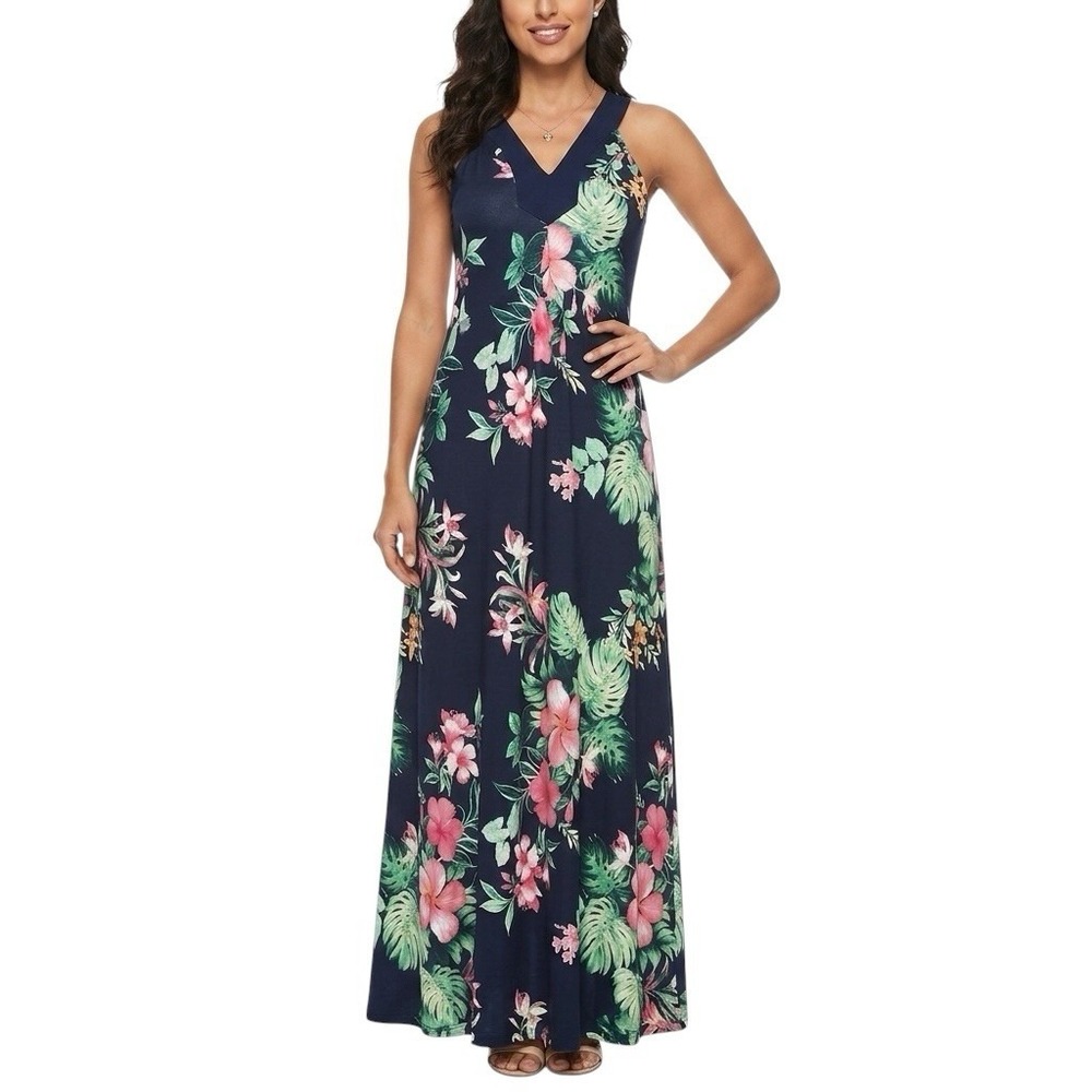 TOMMY BAHAMA Maxi Dress sz XS Navy Tropical Floral Sleeveless V-neck Sundress